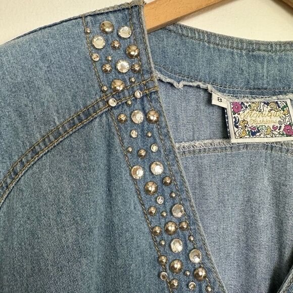 Monique Fashions Women’s Silver Tone Glitzy Studded Denim Short Button Front Rom - Picture 5 of 12